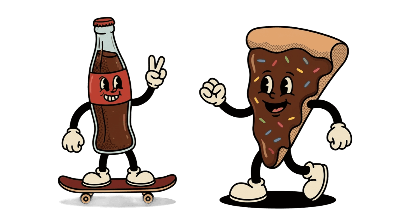 Personagens do cardápio — refrigerante e pizza doce