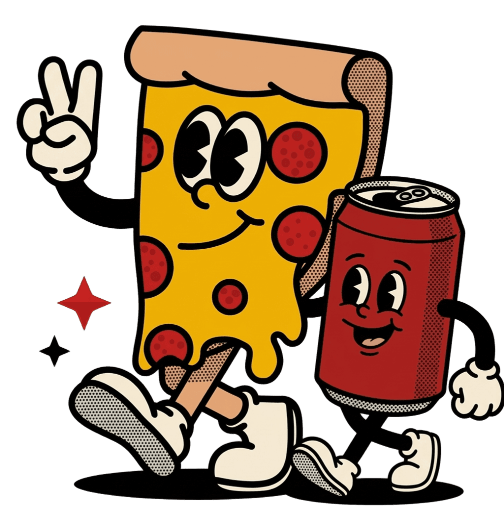 Pizza e refrigerante em estilo cartoon